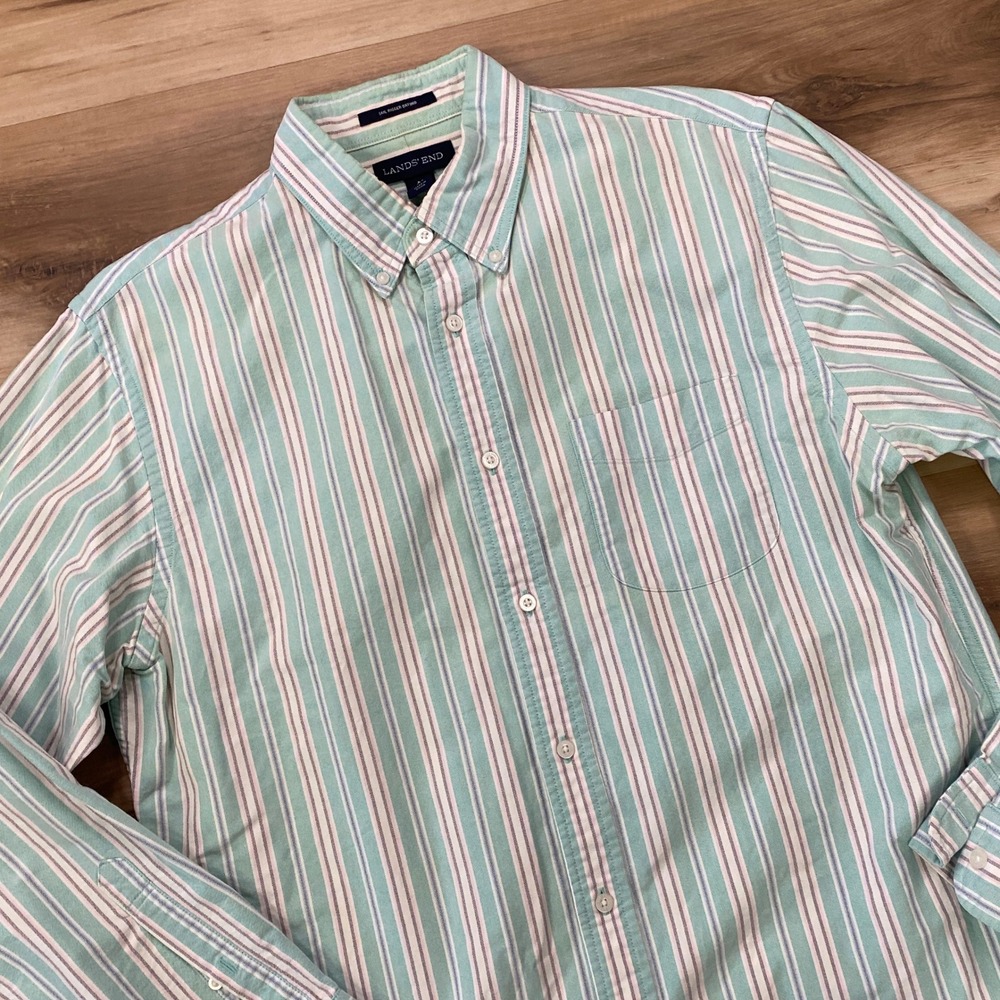 Lands End Sail Rigger Oxford Shirt Size M Striped Cotton Traditional Fit OCBD